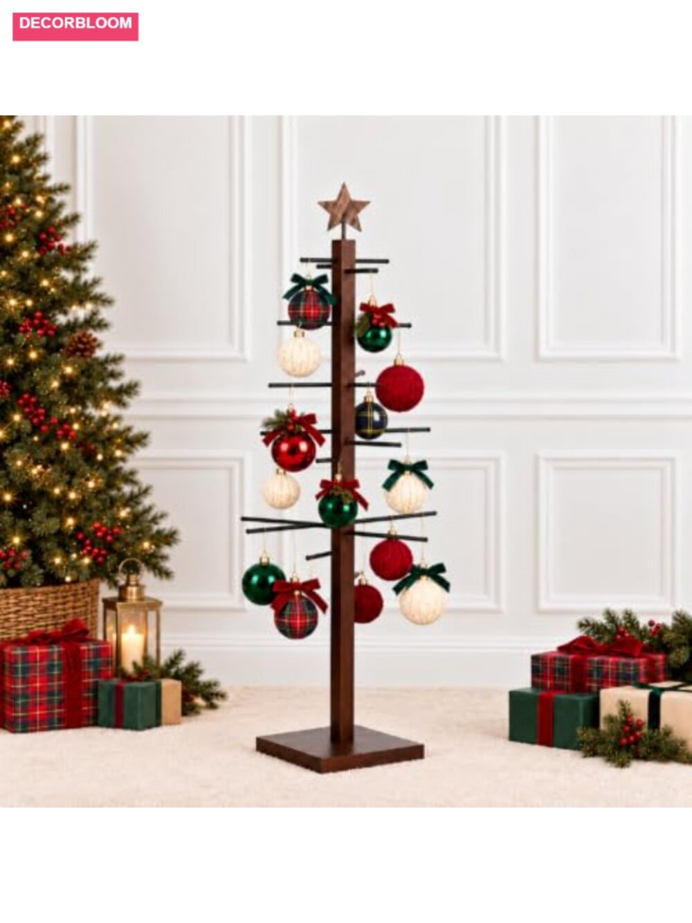 Wood Christmas Ornament Display Tree Stand 32 Inch Tabletop Holds 16 Ornaments